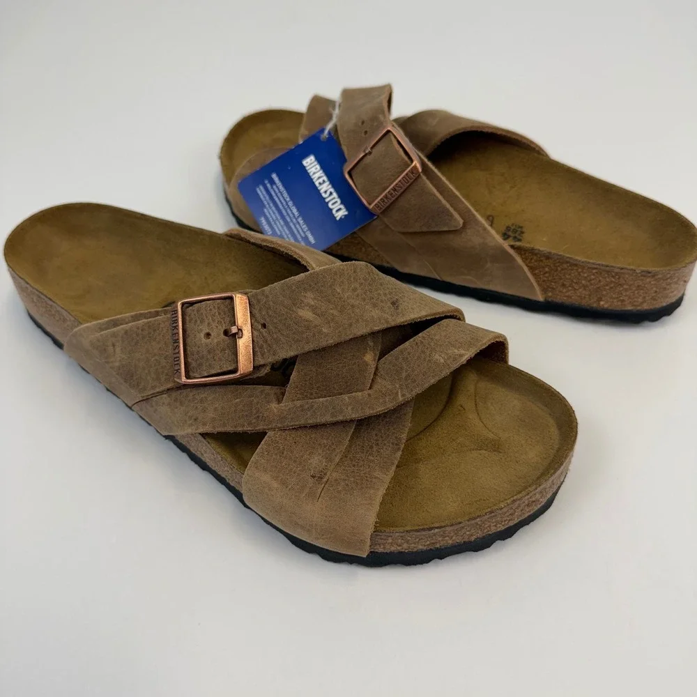 Birkenstock Lugano Oiled Leather Sandals Tobacco Brown Mens 44 M11 1017466 NWT